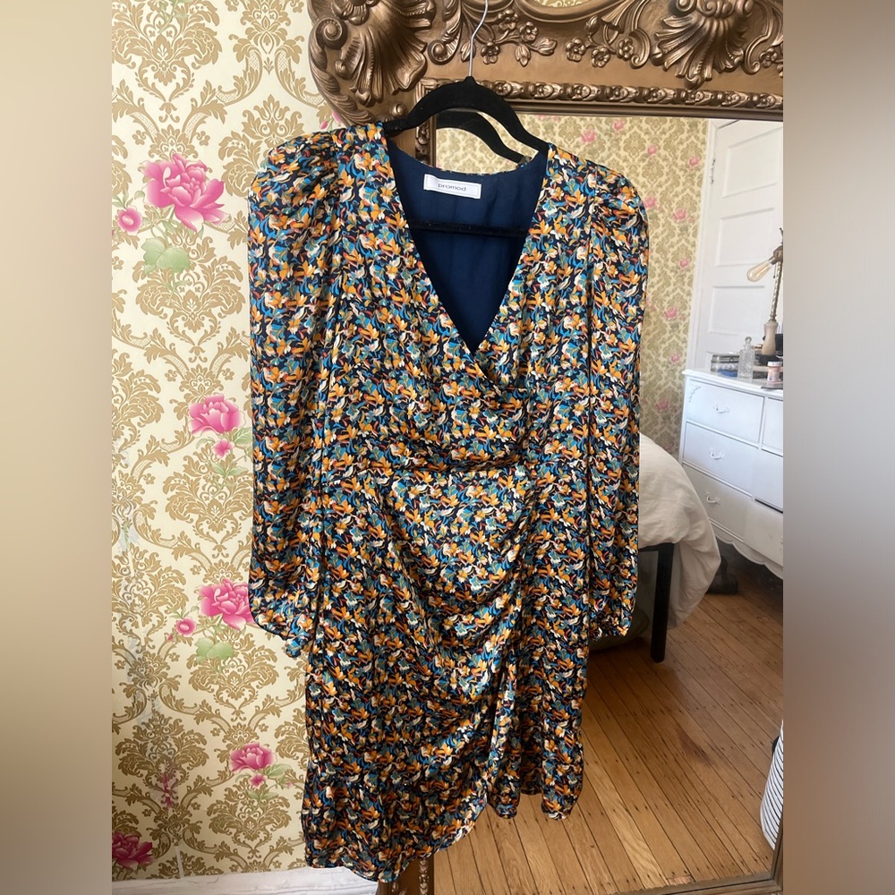 Promod Navy Blue, Orange and Cream Floral Wrap-Style Long Sleeve Dress